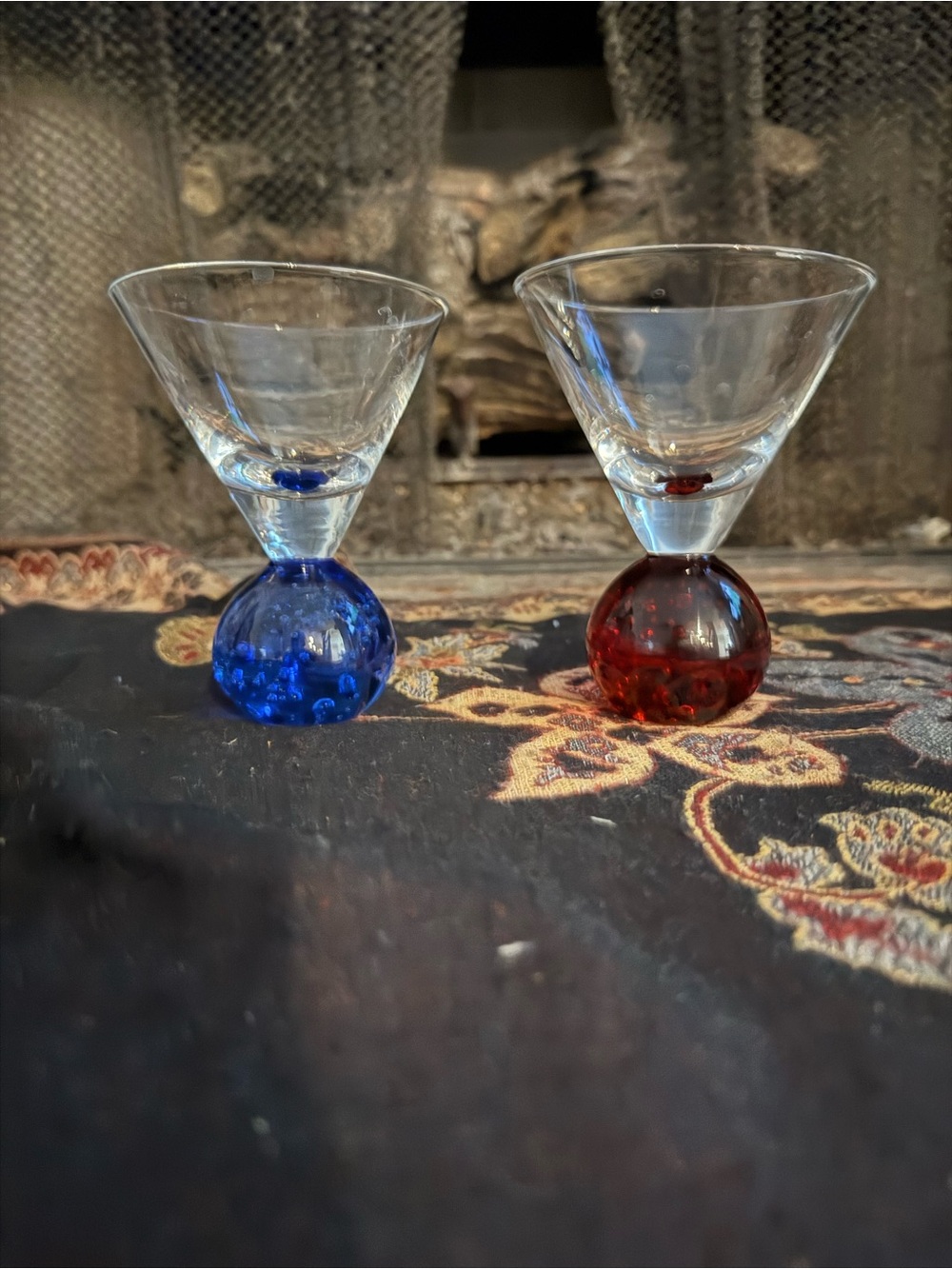 Vintage Hand Blown Bubble Ball Base Martini Glasses Blue & Red 4.5” Set of 2